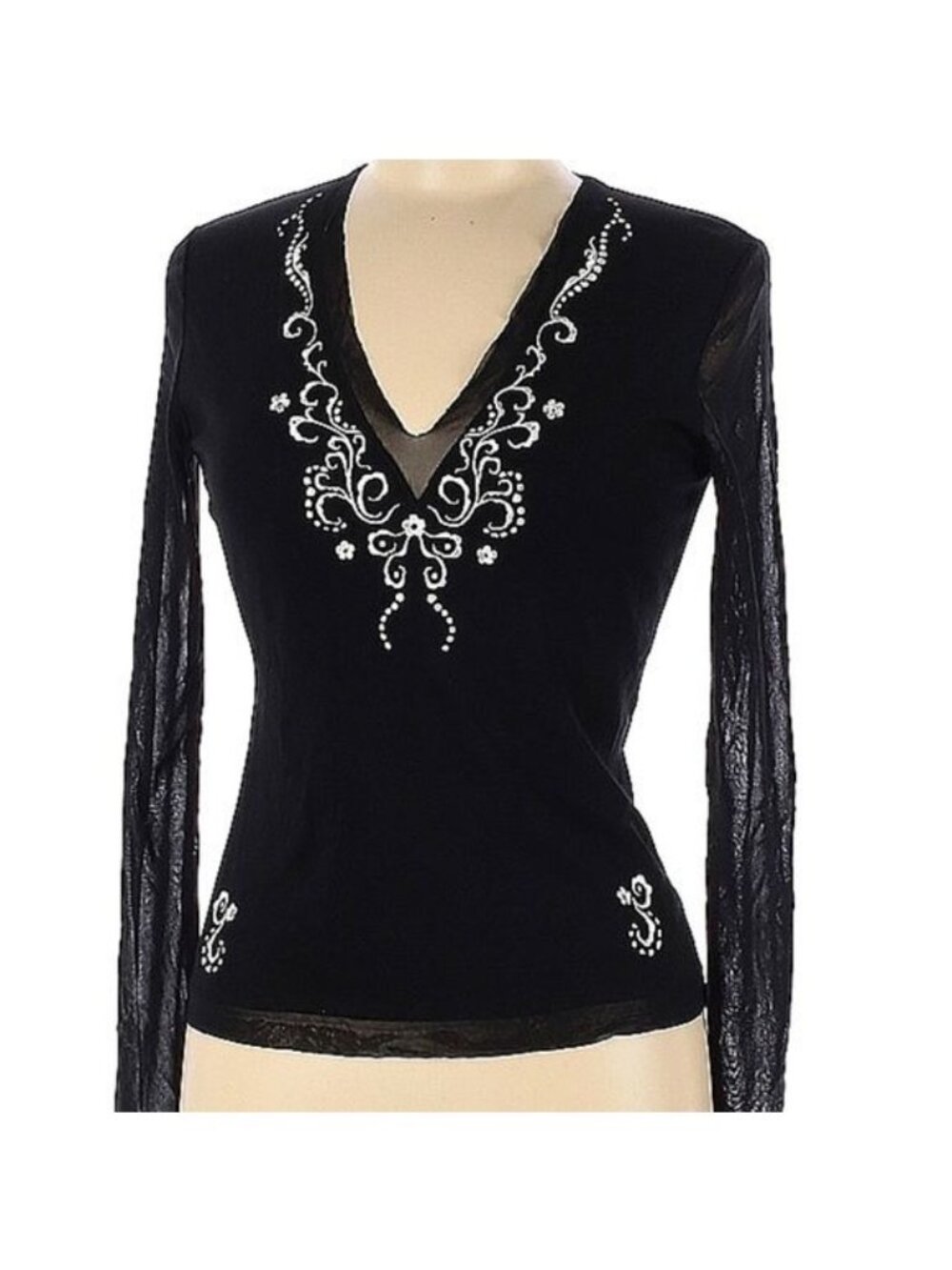 Vivienne Tam Blouse 90s Sheer Black Mesh V Neck Floral Embroidery Size 2